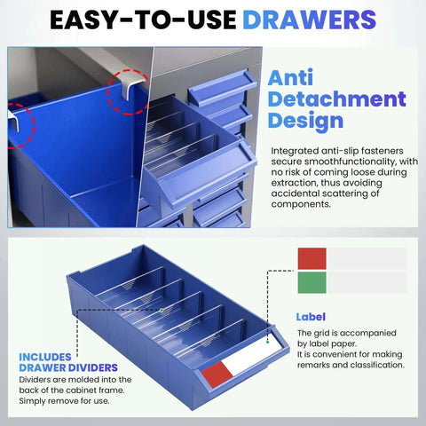 Close-up of anti-detachment design on 40-Drawer Bolt Bin Organizer Cabinet with ABS drawers and blue dividers.