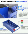 Close-up of blue drawers from Heavy Duty 75 Drawer Small Parts Organizer For Nuts, Bolts And Tiny Hardware, shown with dividers and labels.