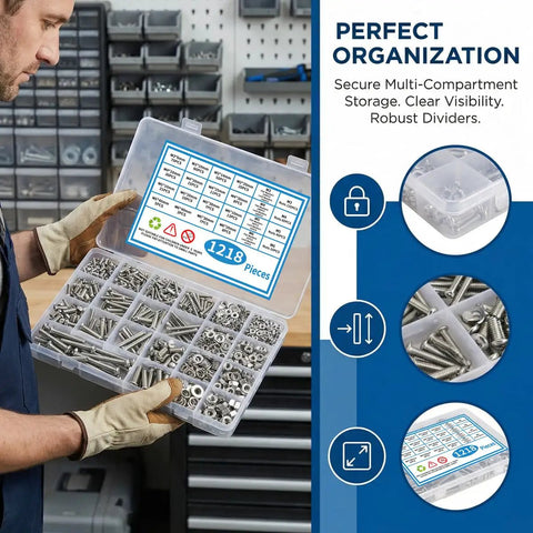 Badass Heavy Duty 1218 Piece Metric Screw Kit With Phillips Drive Heads And Nuts Includes M3 M4 M5 M6 Stainless Steel Bolts Flat Washers And Lock Washers For Garage Mechanics organized in clear storage box.