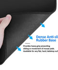 Hand holding Non Slip Rubber Base Mouse Pad With Premium Texture And Stitched Edges, showing rubber base and anti-slip feature text.