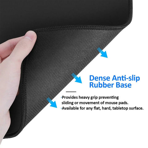 Hand holding Non Slip Rubber Base Mouse Pad With Premium Texture And Stitched Edges, showing rubber base and anti-slip feature text.