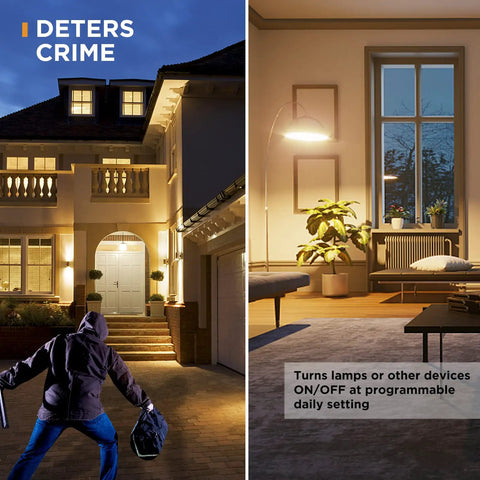 Exterior and interior view of house showing use of 24 Hour Mechanical Timer Outlet With Two Grounded Outlets For Lamps And Holiday Lights