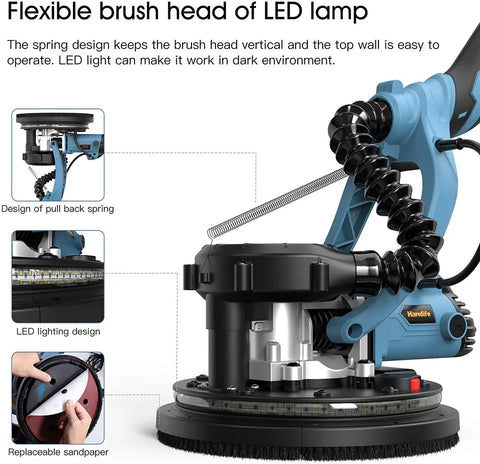 Close-up of the flexible brush head of Beast 800W Electric Drywall Sander with LED lamp and replaceable sandpaper.