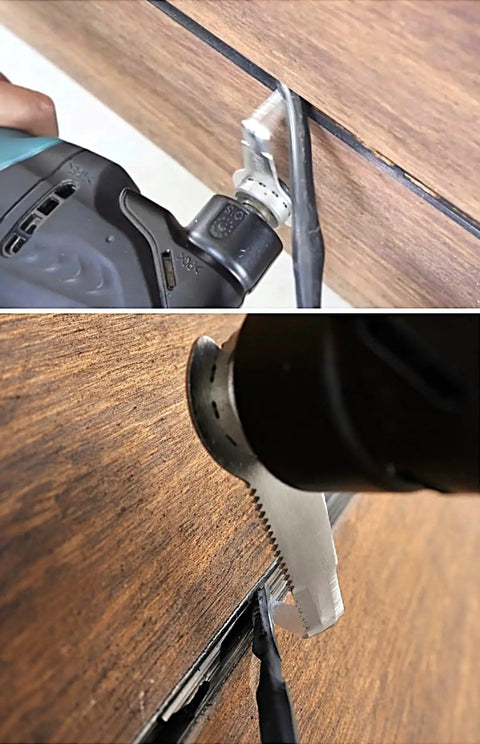 Workhorse Caulk Removal Tool with 1 Inch Serrated Blade for Oscillating Multitools in action on wooden surface.