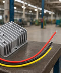 Heavy Duty 48V To 24V DC Buck Converter Power Supply 5A 120W with wires on a workbench in an industrial setting.