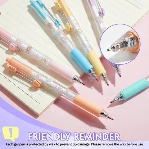 DIY Gel Pens With Cute Stickers Six Pack 0.7mm Black Ink Smooth Writing Quick Dry Journaling Pens on notebook with colorful shells.