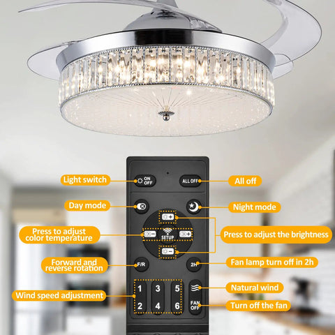 Lit Crystal Ceiling Fan With Lights 42 Inch LED Remote 3 Color Temp Retractable Invisible Blades shown with remote control options.