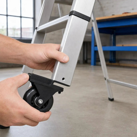 Installing Telescopic Ladder Wheels And Retractable Wheel Casters Set For Folding Aluminum Ladders, showcasing caster wheel attachment.