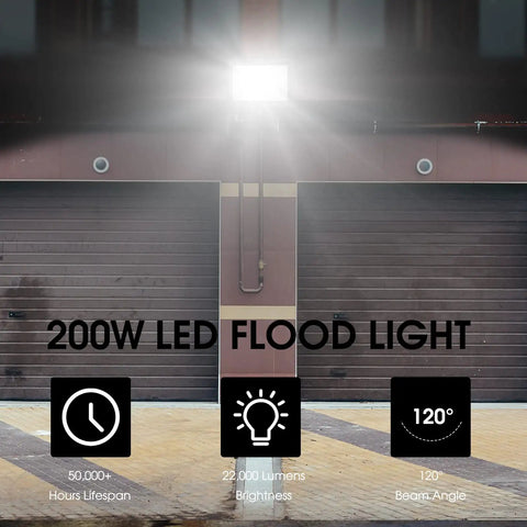 Outdoor 2 Pack 200W LED Flood Light With 22500 Lumens, IP66 Waterproof, illuminating garage doors, 5000K Daylight White