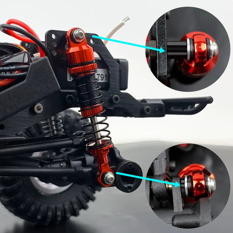 Close-up of Four Pack Aluminum Threaded Shock Absorbers 53mm Oil Dampers For Redcat Ascent-18 1/18 RC Crawler on vehicle