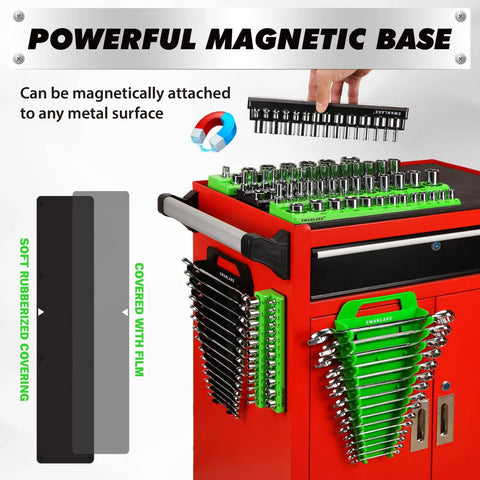 10-Piece Magnetic Socket And Wrench Organizer Set For 1/4, 3/8, 1/2 Inch Drives, Metric And SAE Sockets, attached to red tool chest