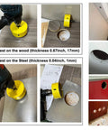 Four Inch Hole Saw Kit With Arbor Mandrel Bi-Metal Deep Cut For Wood Drywall Plywood Plastic And Thin Metal One And A Half Inch Cutting Depth Three Eighths Inch Hex Shank Ideal For Cornhole Boards in use on wood and steel