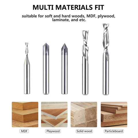 5 Pcs CNC Router Bit Set With Up Cut And Down Cut V Groove Bits For Woodworking And Engraving Displayed with Wood Types