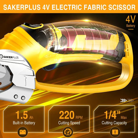 Slick Cordless Electric Scissors With Integrated Safety Shield And Quick Rechargeable 4V Battery showing design features and battery specs.