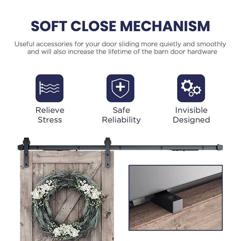 Soft close mechanism for 6.6 FT Sliding Barn Door Soft Close Hardware Kit - 5 ft-10 ft, shows stress relief and reliability features