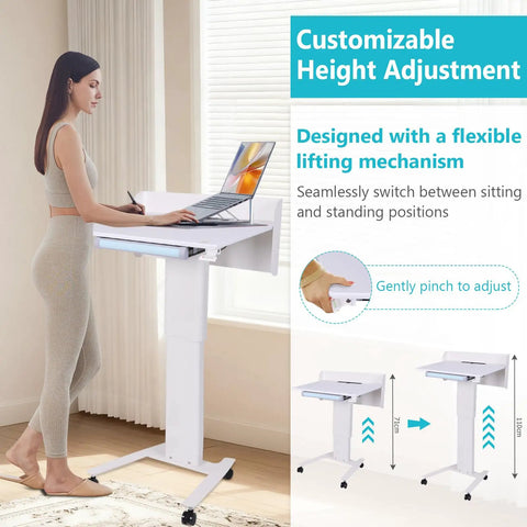 Effortless Height Adjustment Mobile Standing Desk With Quiet Rolling Wheels 28x23 Desktop in use, showcasing adjustable height mechanism.