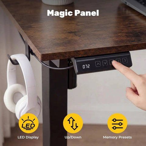 Smooth Electric Sit Stand Desk Offers Effortless Motorized Height Adjustment With LED control panel and accessory hooks.