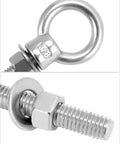 Close-up of Threaded Eyebolts 10 Pack 3/8 X 2 Inches, 304 Stainless Steel Marine Grade Shoulder Eye Bolts with nuts, showing threads and eye.
