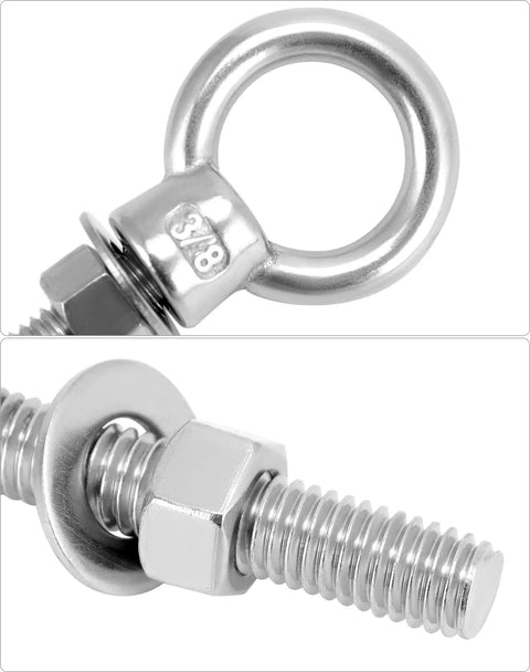 Close-up of Threaded Eyebolts 10 Pack 3/8 X 2 Inches, 304 Stainless Steel Marine Grade Shoulder Eye Bolts with nuts, showing threads and eye.