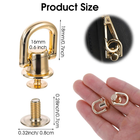Gold 360° rotatable D ring hardware with screws for leather handbags; 4 Pack D Rings For Purses And Bags 360 Degree Rotatable Hardware With Stud Screws Ball Studs Rivets And Post Heads Great For Leather Handbags And Crossbody Straps DIY Craft Kit.
