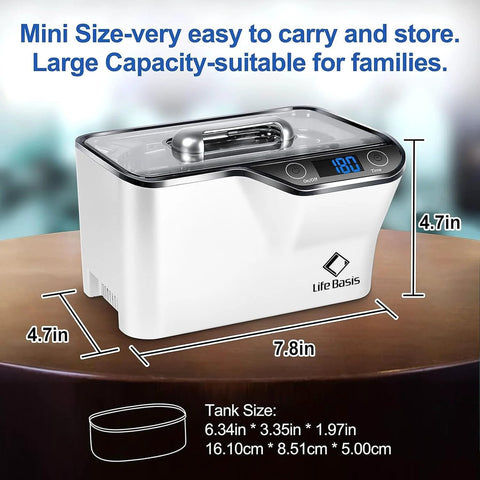 Life Basis ultrasonic jewelry cleaner, white, 20 oz (600 ml) with digital timer and clear lid