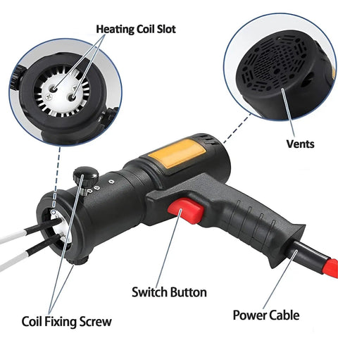 Detailed view of Handheld Electromagnetic Induction Heater 1500W Flameless Bolt Removal Tool features like heating coil slot, switch, and vents.