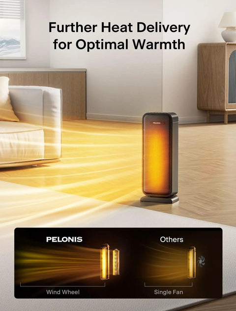 1500W Portable Ceramic Space Heater With Thermostat Oscillation And Remote For Bedroom Living Room Home Office Under Desk Use Crank Up The Heat Fast Heating Quiet Operation Energy Efficient Safe Overheat Protection in living room setting.