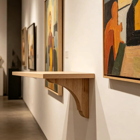 Wooden shelf with sturdy wood triangle shelf brackets for floating shelves wall mounted in art gallery with paintings