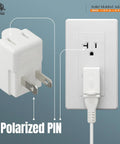 Right Angle Nema 1-15P To Nema 1-15R Power Adapter Vertical Down Angled 2 Prong 15 Amp 125 Volt ETL Certified Fireproof High Heat Resistant Wall Outlet Saver Extension Compact 1 Outlet For Tight Spaces shown detached and plugged into wall