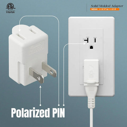 Right Angle Nema 1-15P To Nema 1-15R Power Adapter Vertical Down Angled 2 Prong 15 Amp 125 Volt ETL Certified Fireproof High Heat Resistant Wall Outlet Saver Extension Compact 1 Outlet For Tight Spaces shown detached and plugged into wall