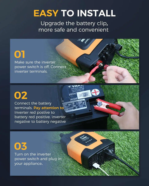 Installation steps for On The Go 750W Car Power Inverter With 2 AC Outlets And Dual USB Ports 12V DC To 110V AC 1500W Peak