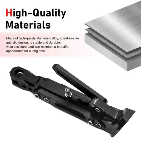 Adjustable Aluminum Triangle Motorcycle Kickstand, Heavy Duty Side Stand with non-slip base, durable black aluminum alloy.
