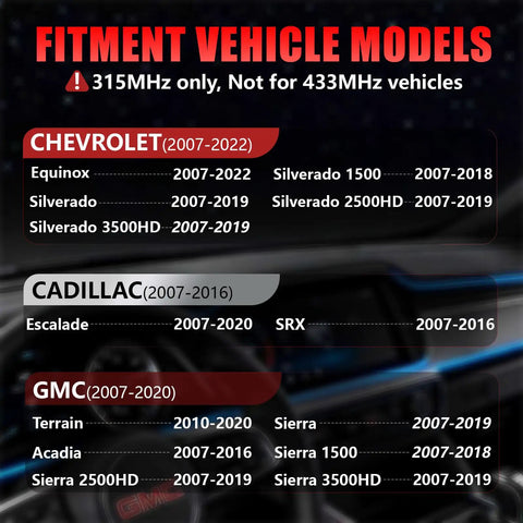 Preprogrammed 315MHz TPMS Sensor Kit for Chevy Silverado Equinox Escalade GMC Terrain Sierra 4 Pack Tire Pressure Monitoring System with OE Fit and Easy Install fitment chart for GM 2007-2022 models