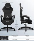 Front and side view of ergonomic gaming chair with pocket spring cushion, linkage armrests, footrest, and high back support.