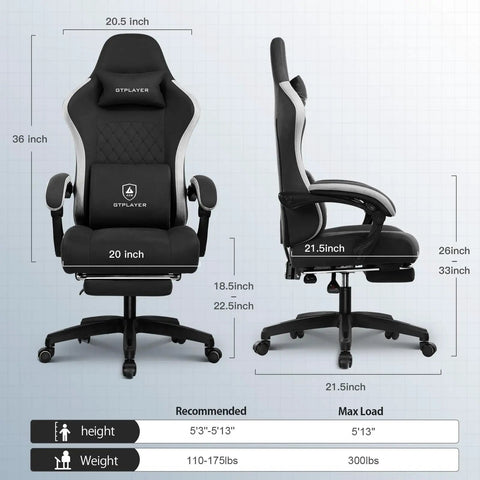 Front and side view of ergonomic gaming chair with pocket spring cushion, linkage armrests, footrest, and high back support.