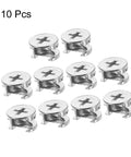 Rock Solid Cam Lock Nuts For Heavy Duty Furniture Sets Nickel Plated Zinc Alloy Dowel Binders With Deep Cross Slot Grip Straight Shooter Locking Hardware For Kitchen Cabinets 10 Pack in a pack of 10, showcasing shiny nickel plated zinc.