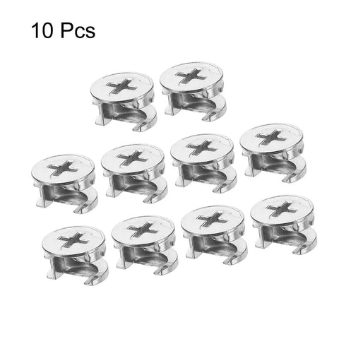 Rock Solid Cam Lock Nuts For Heavy Duty Furniture Sets Nickel Plated Zinc Alloy Dowel Binders With Deep Cross Slot Grip Straight Shooter Locking Hardware For Kitchen Cabinets 10 Pack in a pack of 10, showcasing shiny nickel plated zinc.