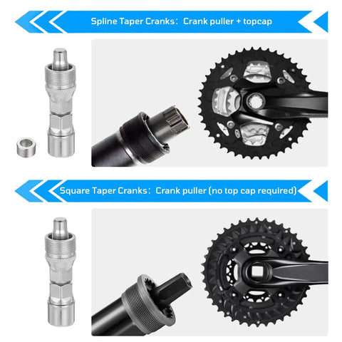 Detail of 3 Piece Bicycle Removal Tools Set For Freewheel And Cassette Removal, Crank Puller, Bottom Bracket Tool with spline and square crank options.