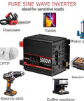 Beefy 5000 Watt Pure Sine Wave Power Inverter with appliances like coffee machine, electric drill, and tablet displayed around it.