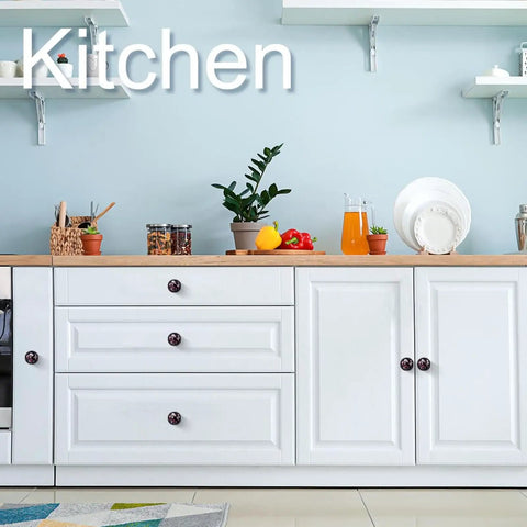 Four Piece Round Cabinet Knobs Set For Kids Durable Drawer Pulls with colorful kitchen background and plants