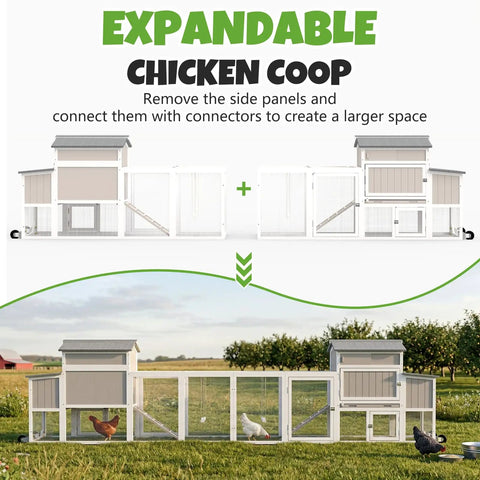 Expandable 78 Inch Mobile Chicken Coop With Wheels For Easy Backyard Flock, Large Outdoor Hen House With Nesting Box, Grey White