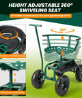 Rolling Garden Seat With Wheels, 360 Degree Swivel, Height Adjustable Work Stool, Removable Cushion, Replaceable Handle