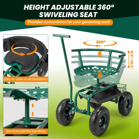 Rolling Garden Seat With Wheels, 360 Degree Swivel, Height Adjustable Work Stool, Removable Cushion, Replaceable Handle