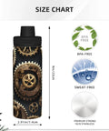 Steampunk Gears Print Insulated Water Bottle For Gym Outdoor Travel And Office Use Built For Your Active Lifestyle Durable Double Wall Stainless Steel Keeps Drinks Hot Or Cold For Hours Sweat Free Hydration On The Go shown with size chart and features like BPA-free and sweat-free details visible.