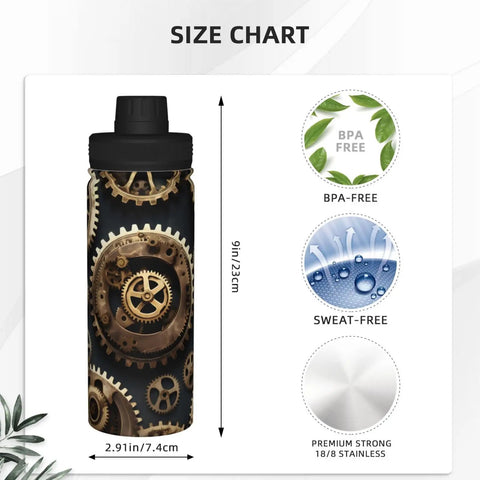 Steampunk Gears Print Insulated Water Bottle For Gym Outdoor Travel And Office Use Built For Your Active Lifestyle Durable Double Wall Stainless Steel Keeps Drinks Hot Or Cold For Hours Sweat Free Hydration On The Go shown with size chart and features like BPA-free and sweat-free details visible.