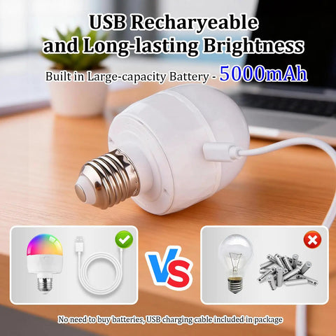 USB rechargeable light bulb with 5000mAh battery on a wooden table, showcasing long-lasting brightness for hassle-free use.