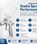 Pro Shop Ready 1.5mm Gravity Feed Paint Spray Gun With Stainless Steel Fluid Path, features clear paint cup and adjustable controls.