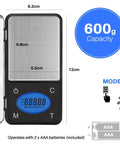 Ultra Slim Digital Pocket Scale 600g Capacity At 0.1g Increments With Counting Feature, Blue LCD Display, dimensions shown
