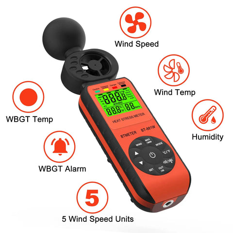 Handheld Heat Stress Meter And Anemometer With WBGT, Wind Speed 0 To 30 MPS, Indoor Outdoor Temperature Humidity Tester showing display