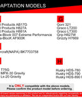 Spray gun adapter compatibility chart in silver; lists Dart, Graco, Fuji, Husky models (D-H); 2 pcs.